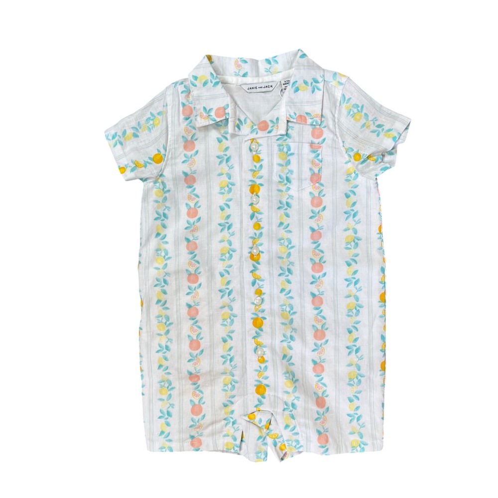 Janie and Jack Baby Multi Fruit Stripe Linen Romper 3-6 Months New with TagWhite